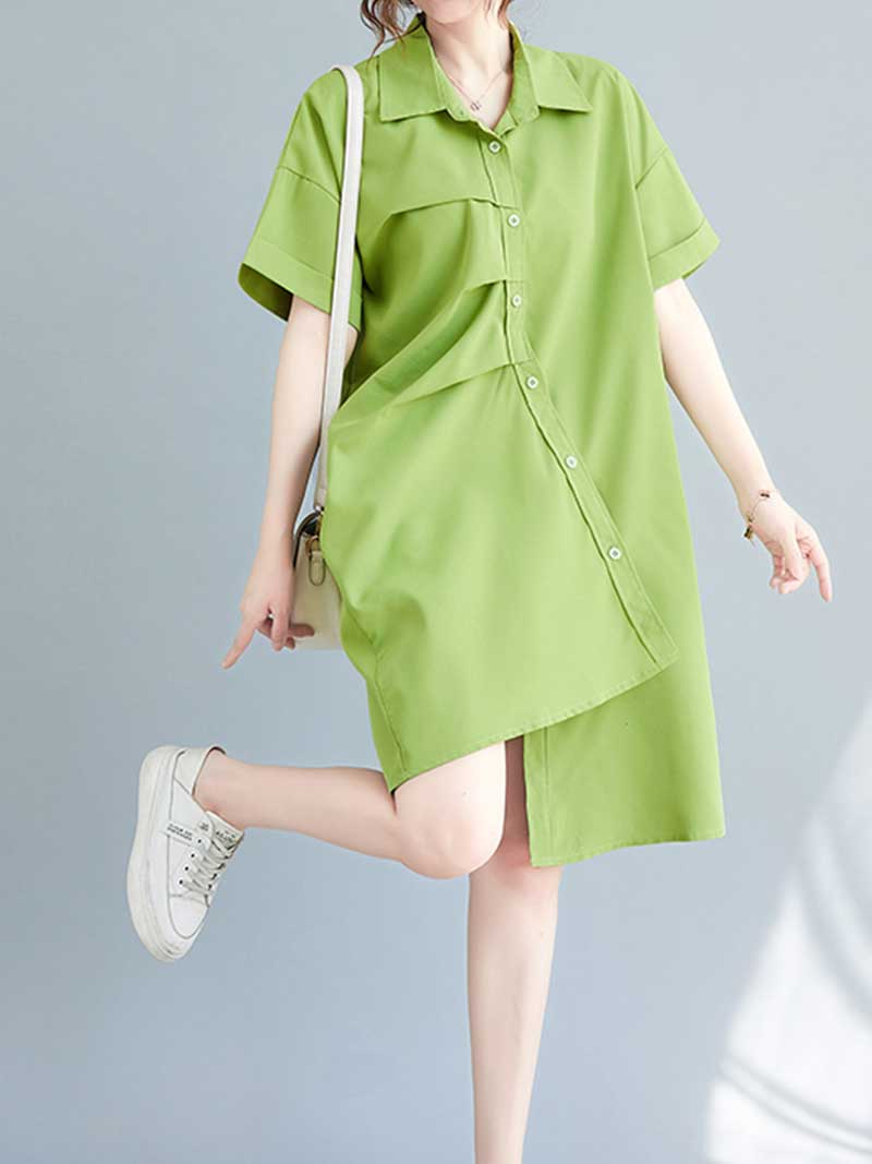 Pointed Collar Button Down Short Sleeve Irregular Hem Shirt Dress 6