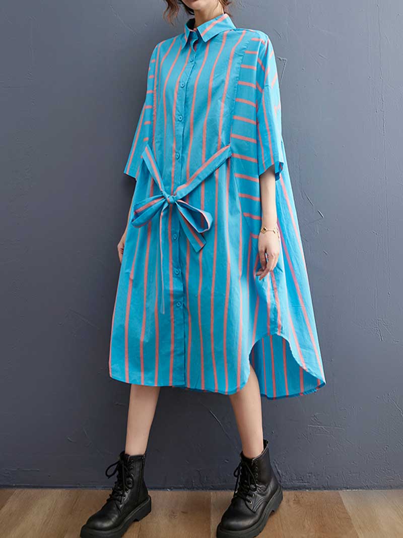 Blue Collared Striped Button-Up High-Low Shirt Midi Dress 3