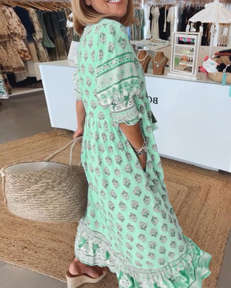Split V-Neck Boho Border Print Ruffle Sleeve Tiered A-Line Midi Dress