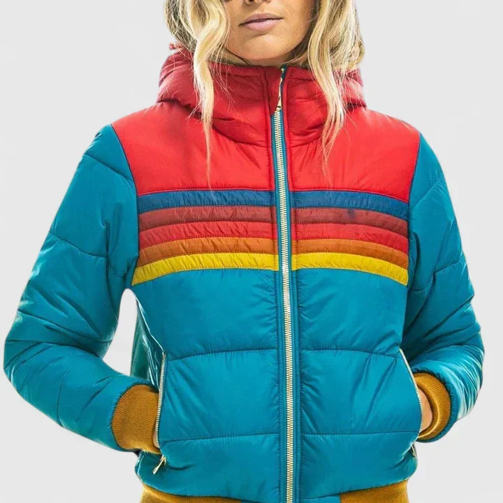 Stand Collar Zip-Front Retro Rainbow Stripe Puffer Jacket 5
