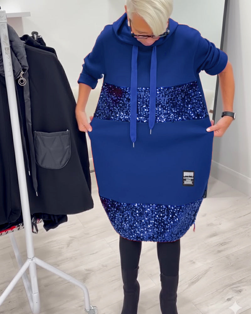 Hooded Drawstring Sequin Patchwork Panel Pocket Sweatshirt Midi Dress