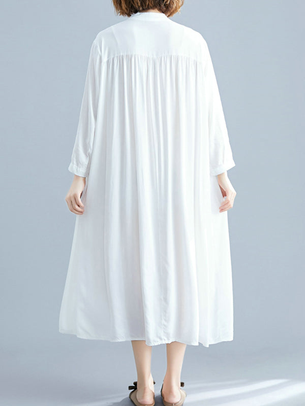 Stand Collar Long Sleeve Button Front Loose Shirt Midi Dress 13