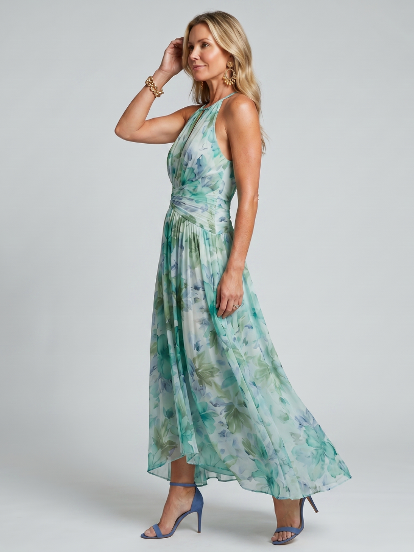 Green Halter Neck Keyhole Floral Print Chiffon Ruched Waist A-Line Maxi Dress 2