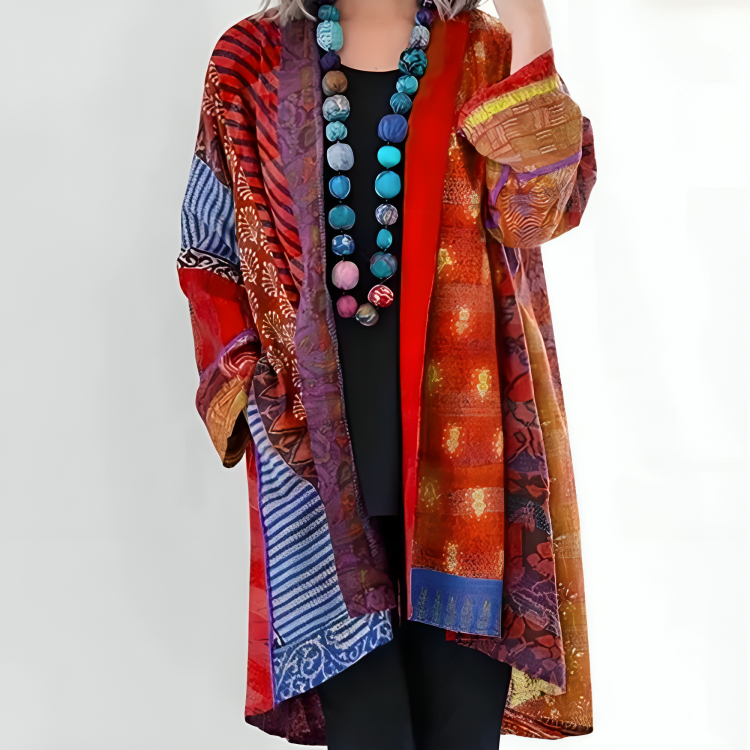 Open Front Patchwork Boho Print Long Sleeve Cardigan