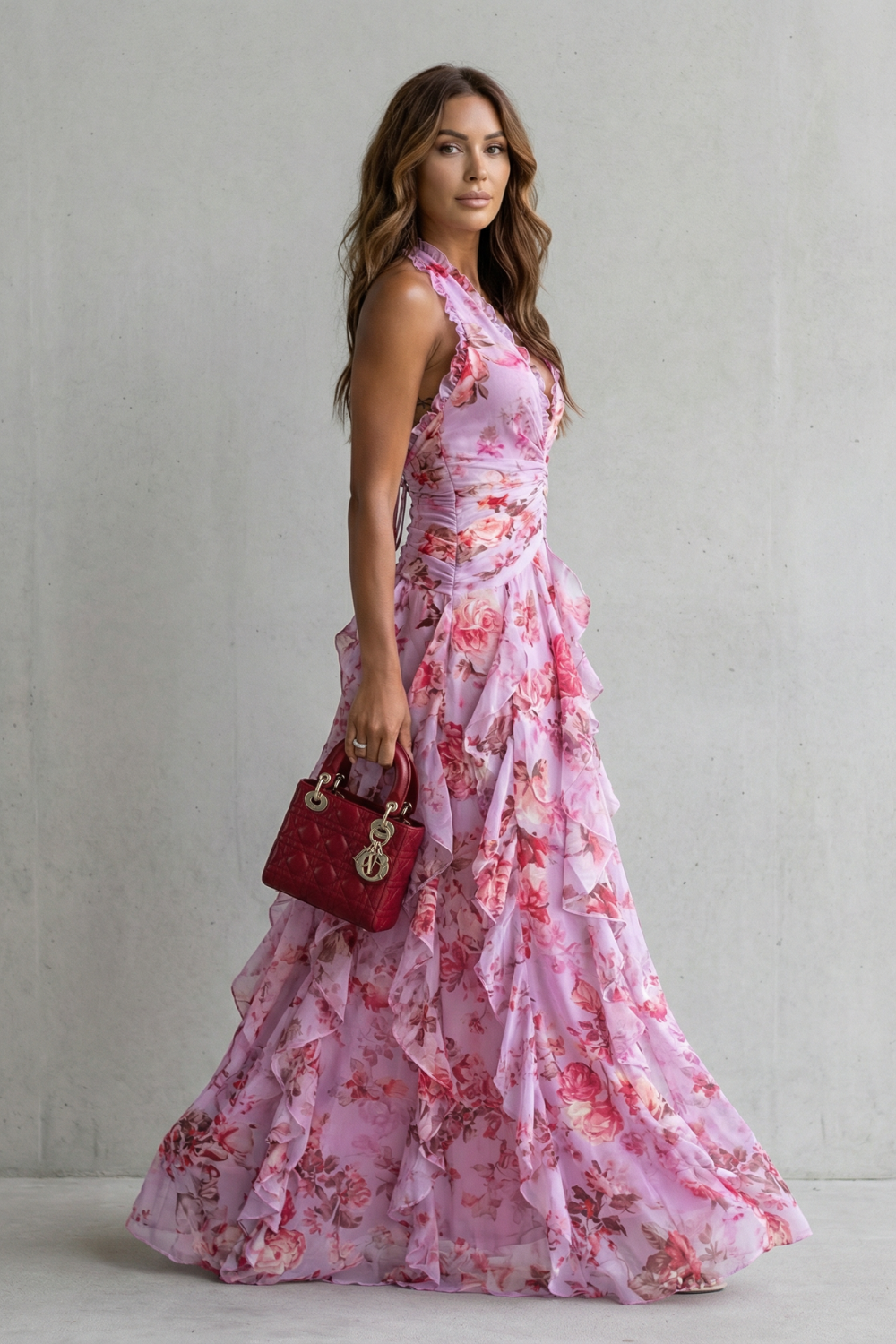Halter V-Neck Floral Ruched Cascading Ruffle Maxi Gown 4