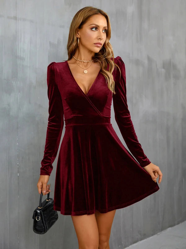 V-Neck Long Sleeve Velvet Dress S / Army Green
