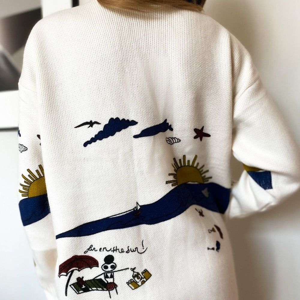 Beige V-Neck Sun Print Button Front Oversized Knit Cardigan