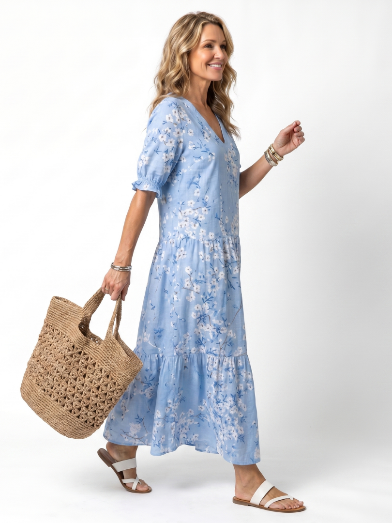 Floral V-Neck Puff Sleeve Floral Print Tiered A-Line Maxi Dress 2