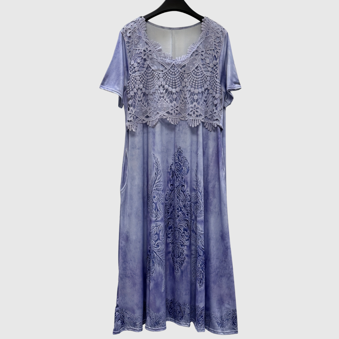 Crochet Lace Bodice Short Sleeve Floral Print Pocket Midi Dress