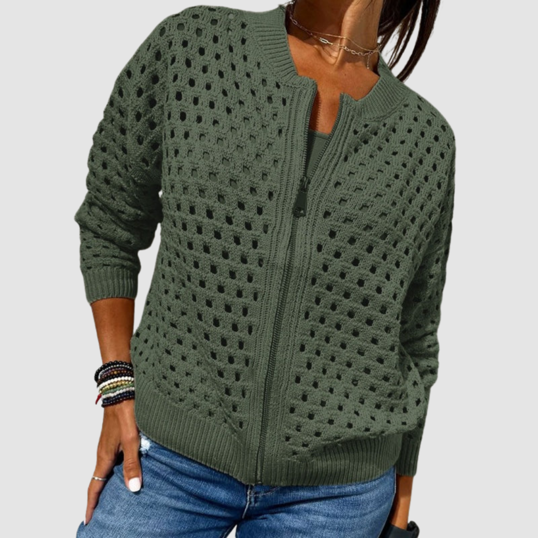 Crochet Hollow Out Zip Front Long Sleeve Cardigan 3
