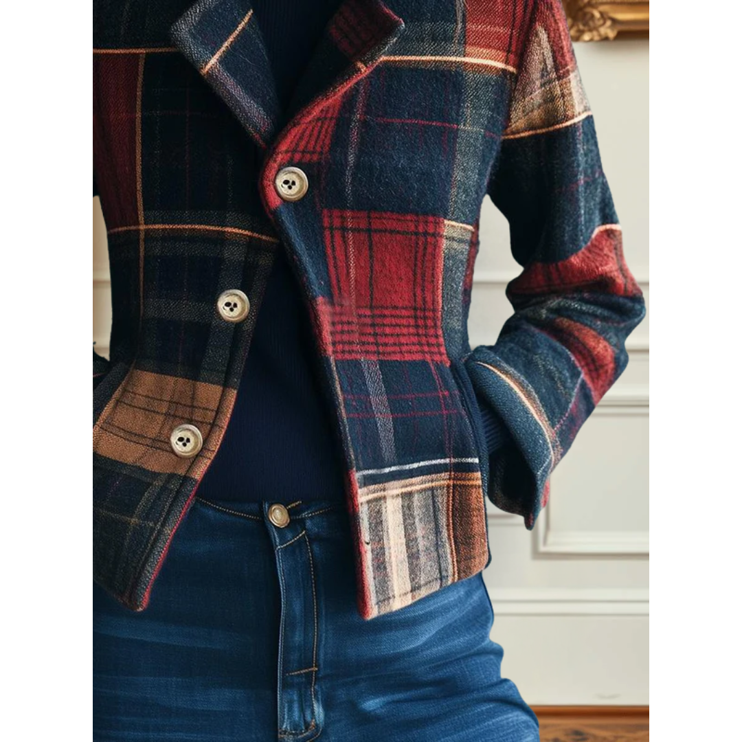 Multicolored Lapel Collar Plaid Button Front Cropped Wool Jacket 3