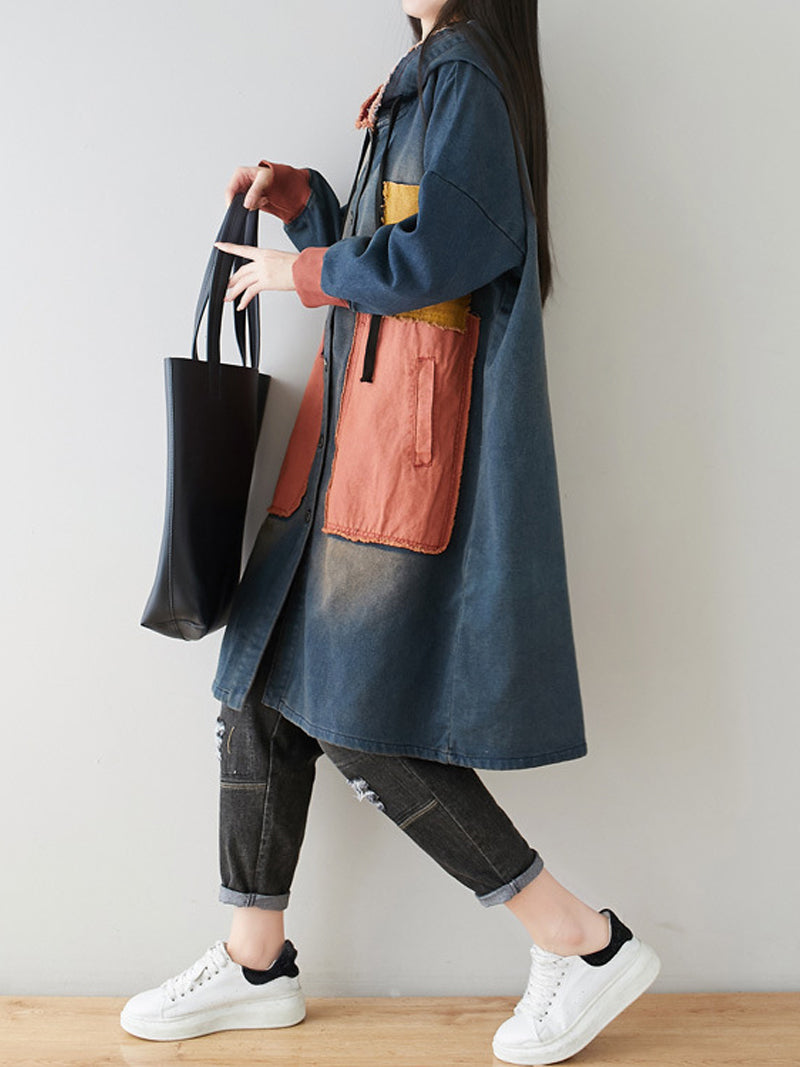 Blue Hooded Denim Colorblock Patch Pocket Button Long Line Coat 4