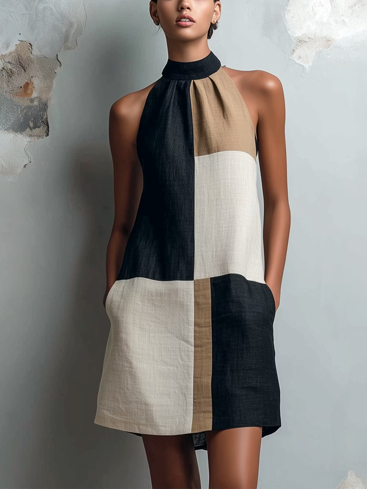 Halter Neck Colorblock Patchwork Sleeveless Shift Mini Dress