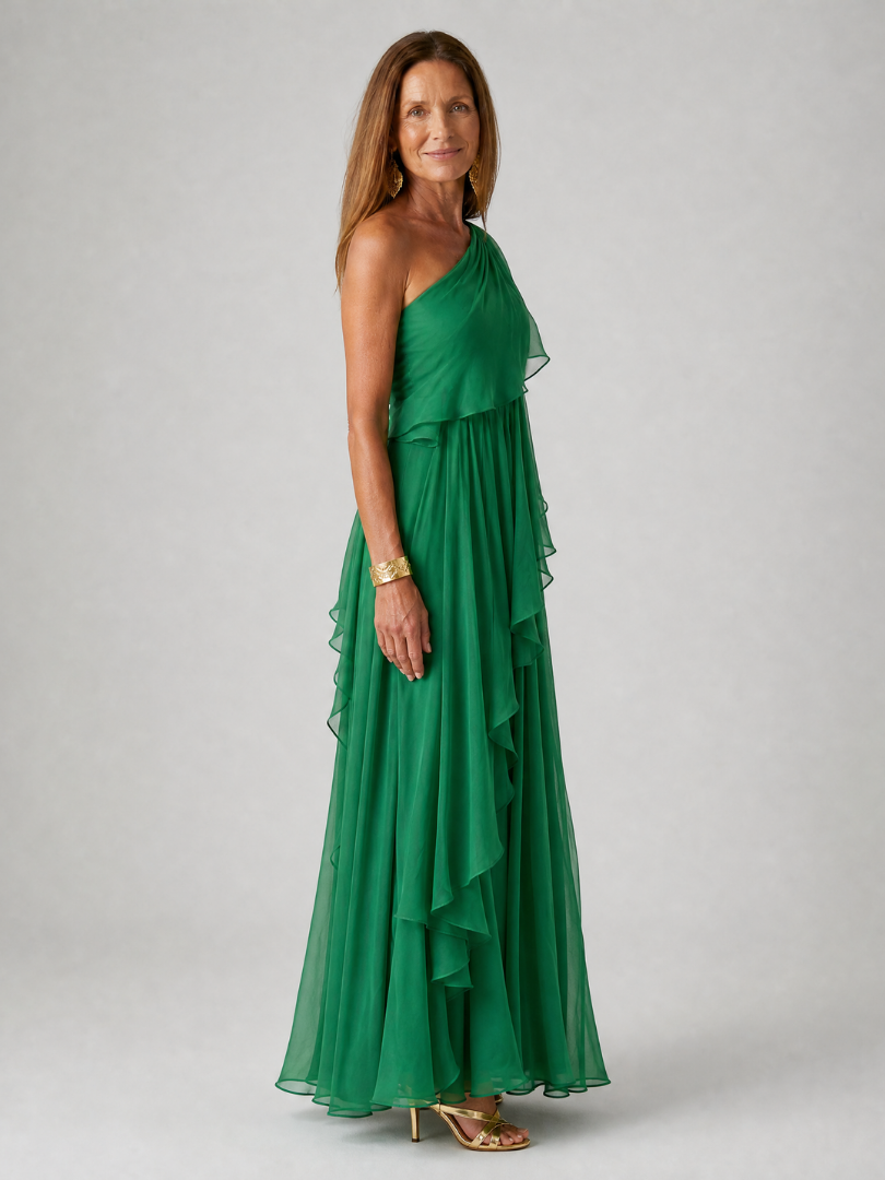 One-Shoulder Chiffon Cascade Ruffle Flowy Maxi Gown 2