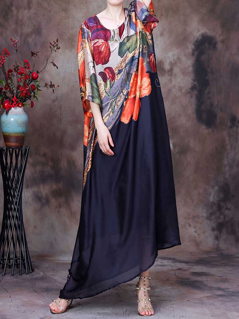 Round Neck Batwing Sleeve Floral Colorblock Loose Maxi Dress 10