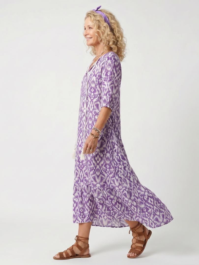 Purple Tassel Tie Neck Ikat Print Three Quarter Sleeve Tiered Maxi Dress 2