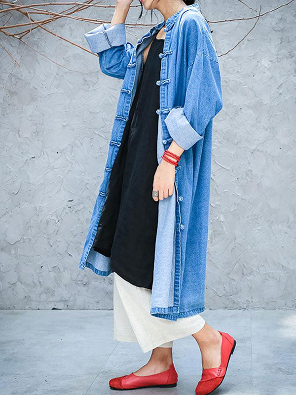 Stand Collar Frog Button Patch Pocket Denim Duster Coat 4