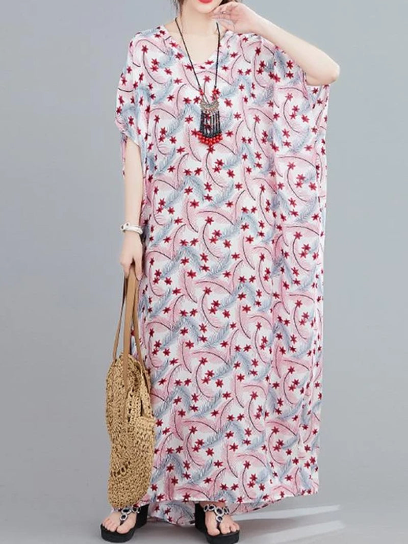 V-Neck Floral Print Batwing Sleeve Loose Kaftan Maxi Dress 6