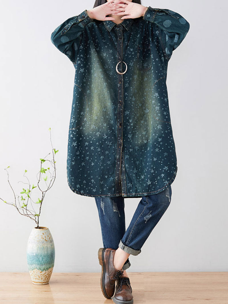 Collared Star Print Long Sleeve Washed Denim Shirt Dress 3