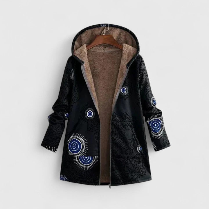 Hooded Ethnic Print Fleece-Lined Zip Front Long Sleeve Jacket