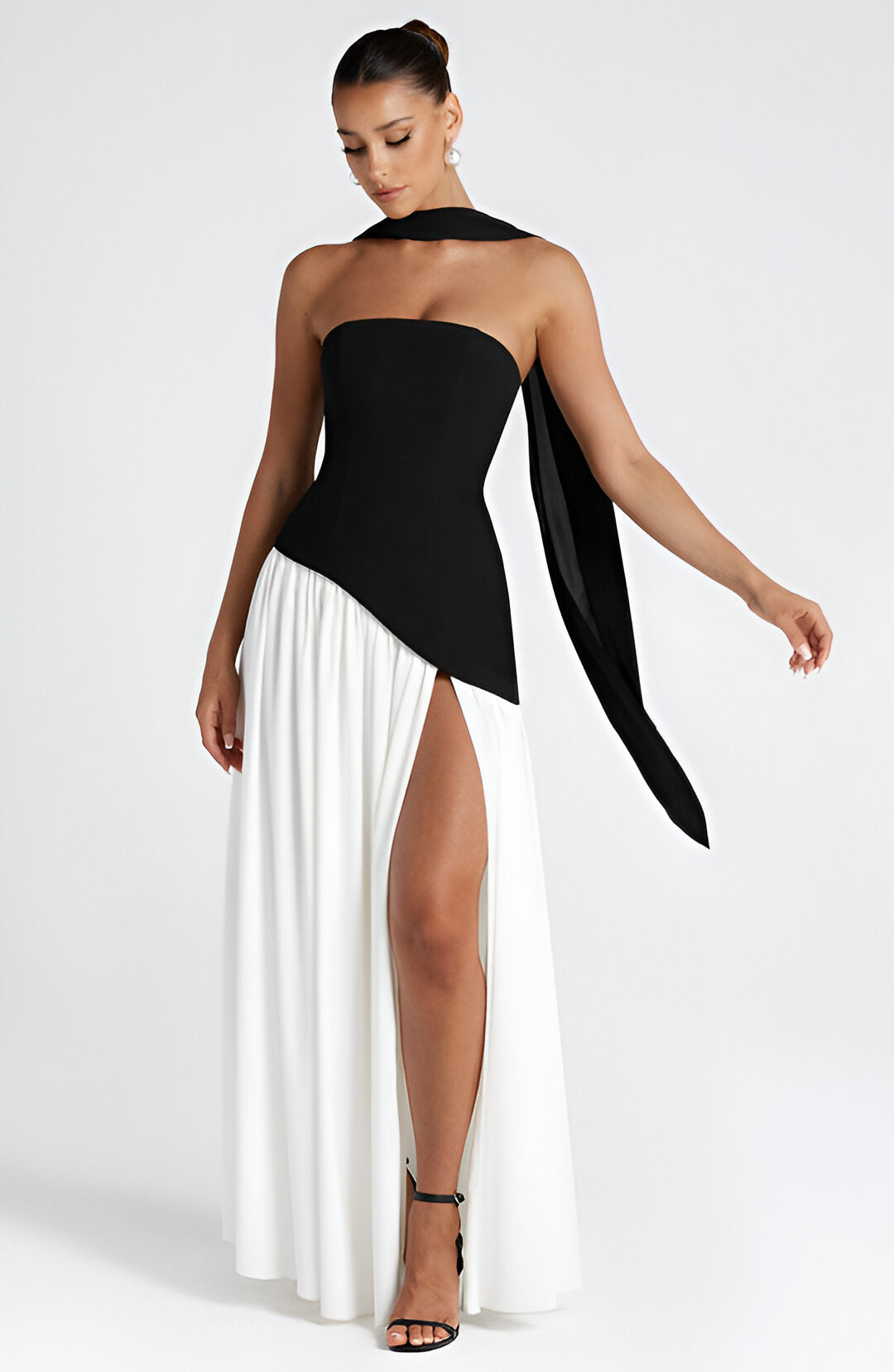 Strapless Neck Scarf Asymmetric High Slit Flowy Maxi Gown 15