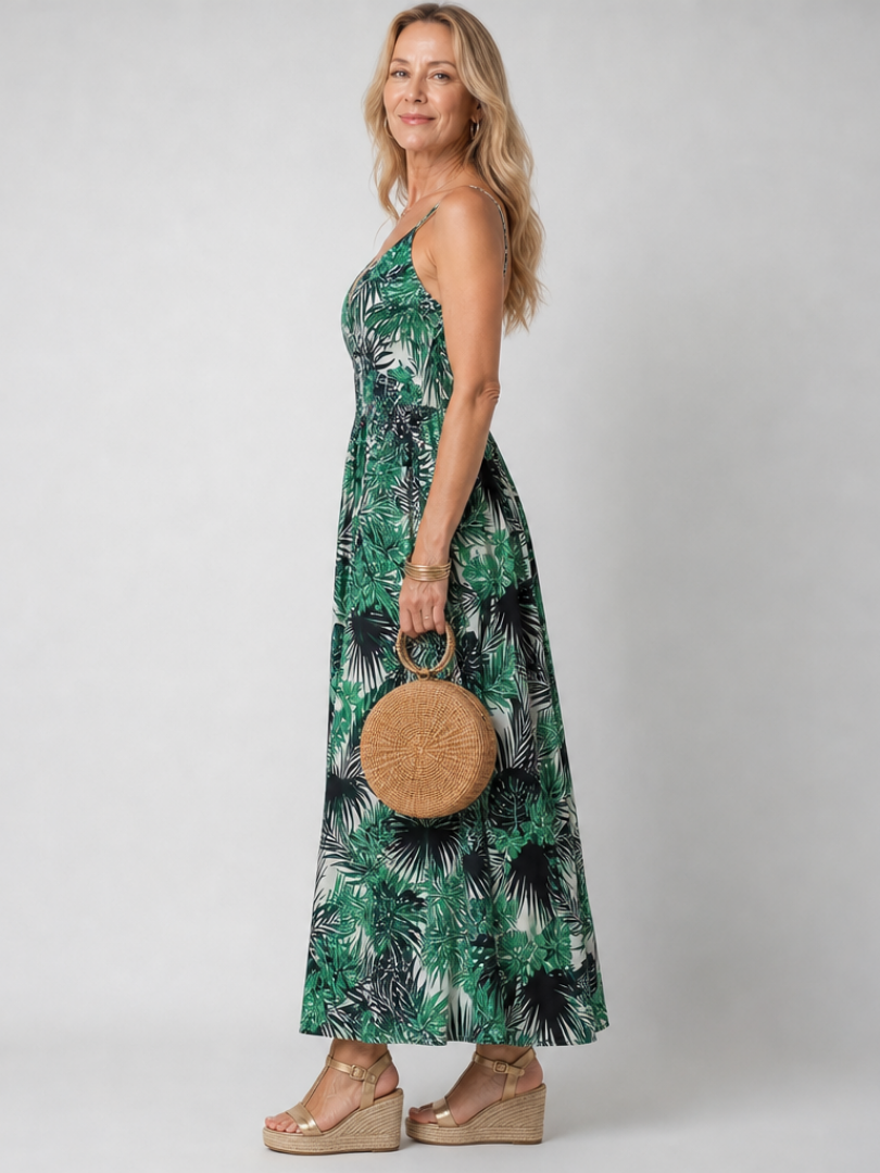 Multicolor Spaghetti Strap V-Neck Tropical Leaf Print Shirred Waist Maxi Dress