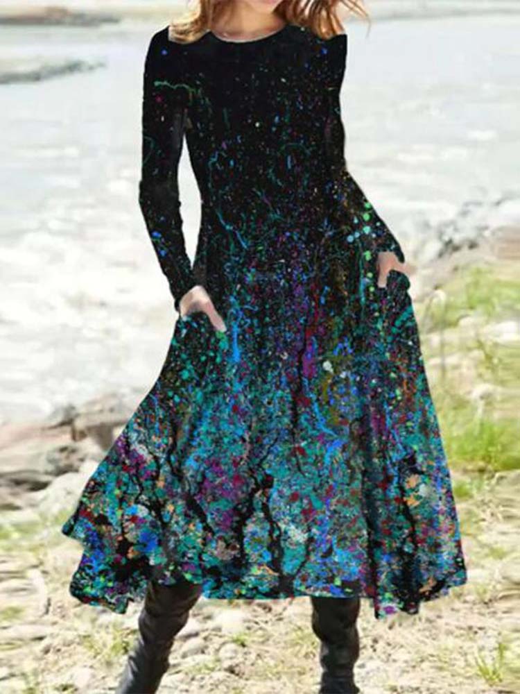 Paint Splatter Long Sleeve Uneven Hem Midi Dress