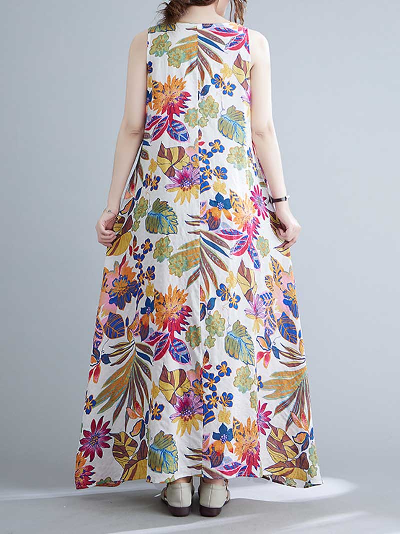 Round Neck Sleeveless Tropical Floral Print Loose A-Line Maxi Dress