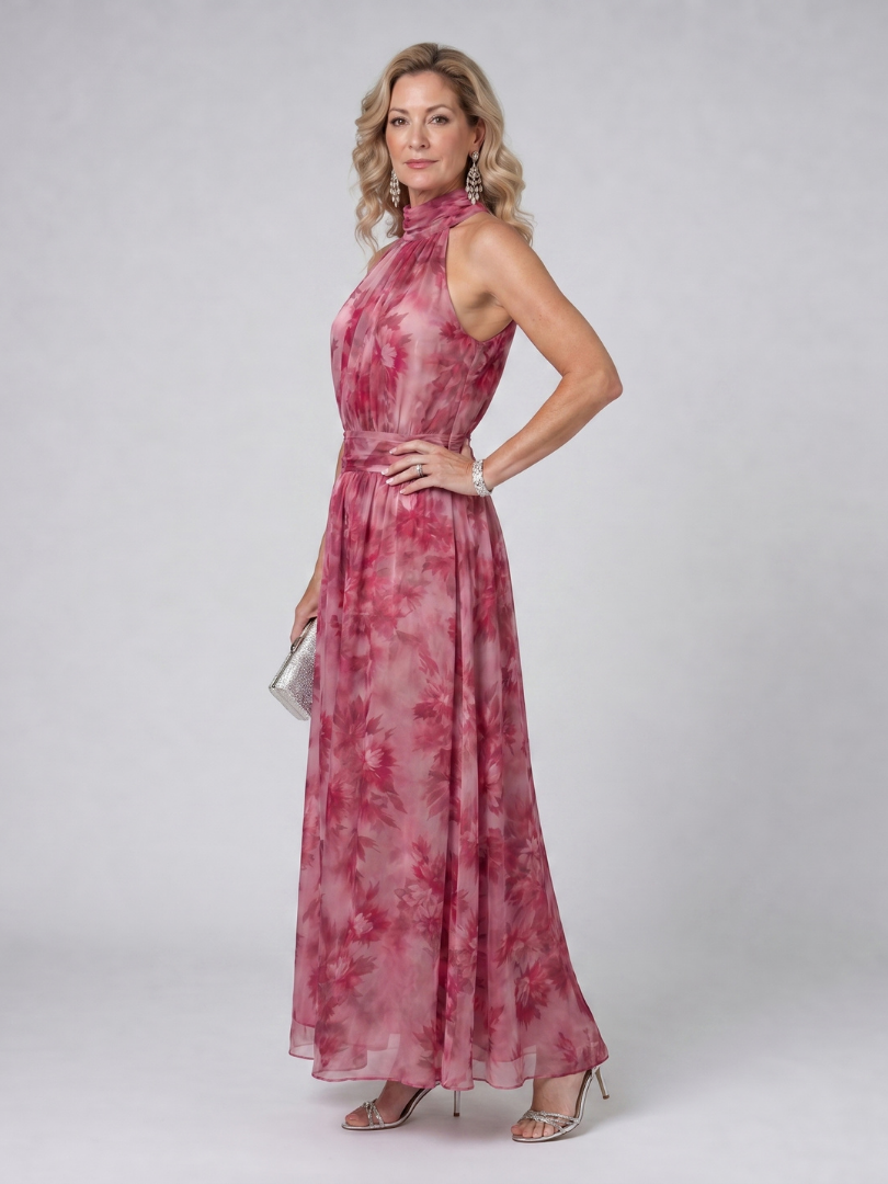 Halter Turtleneck Floral Chiffon Sash Waist Maxi Gown 3