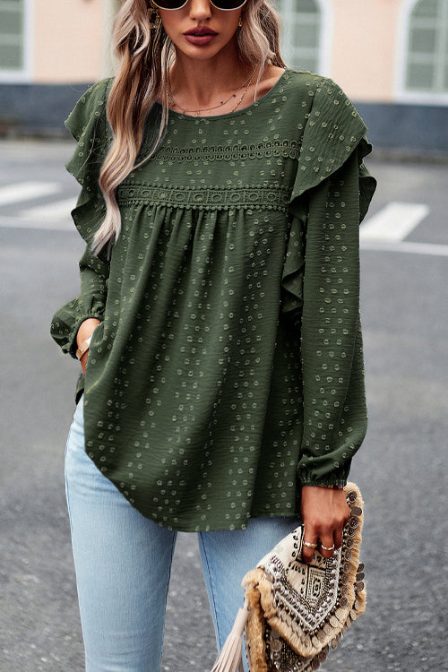 Miss You So Swiss Dot Lace Ruffled Long Sleeve Top - 5 Colors