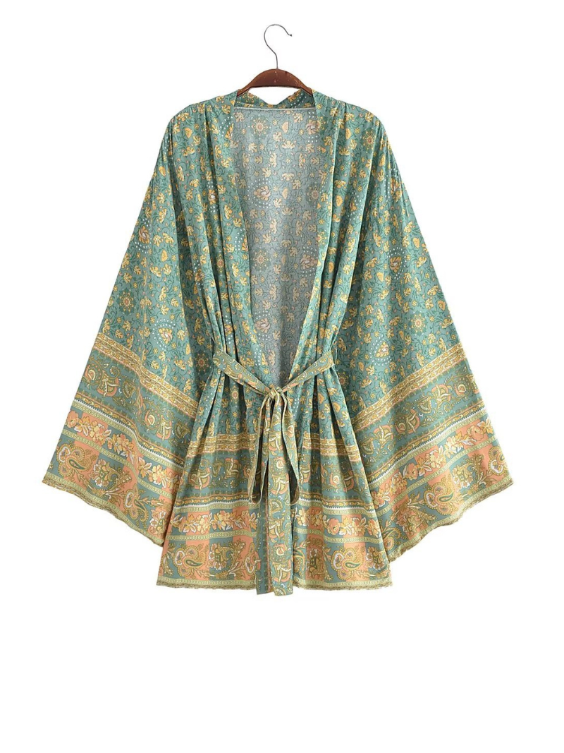 Paisley Floral Print Border Bell Sleeve Short Kimono 3