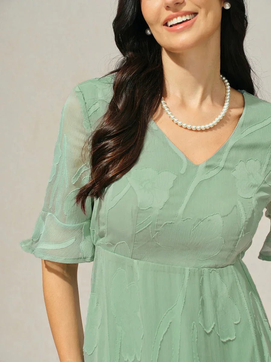 V-Neck Flutter Sleeve Floral Burnout Sheer A-Line Maxi Dress