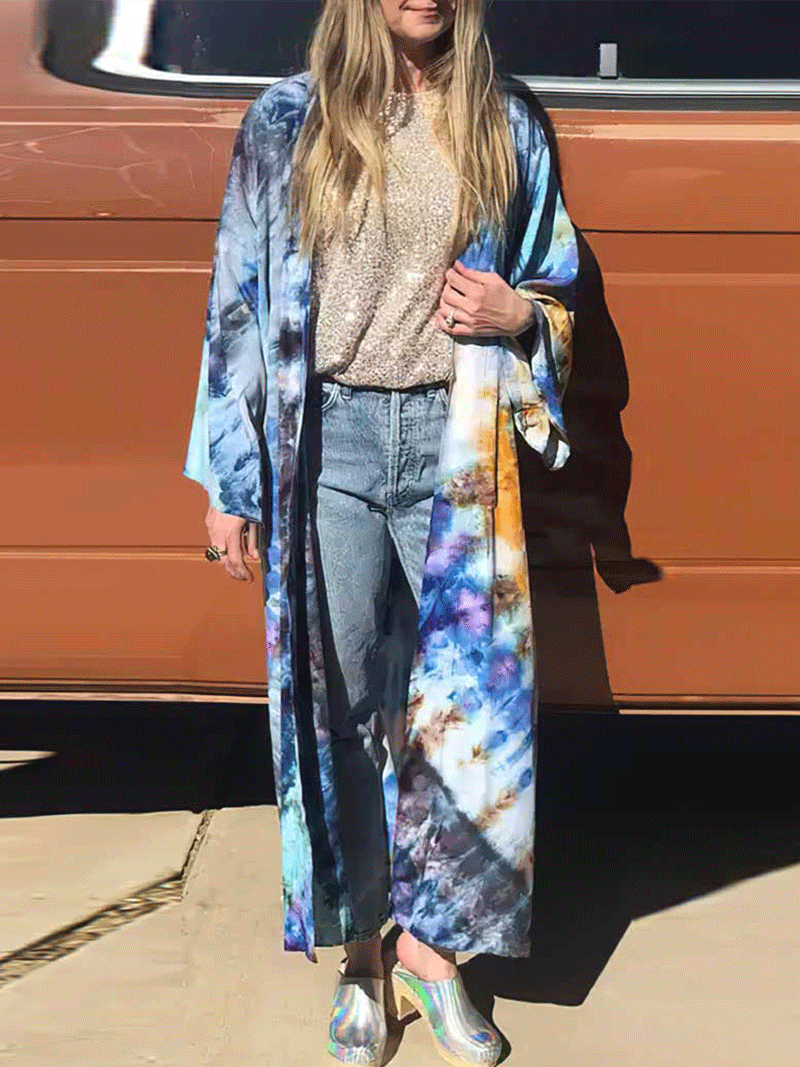 Multicolor Tie-Dye Print Open Front Wide Sleeve Long Duster Kimono