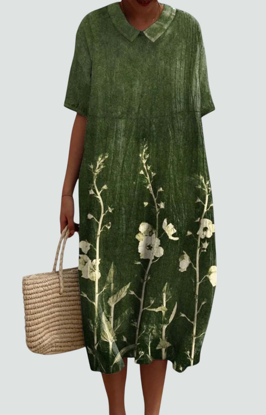 V-Neck Floral Print Short Sleeve Relaxed Cocoon Midi Dress