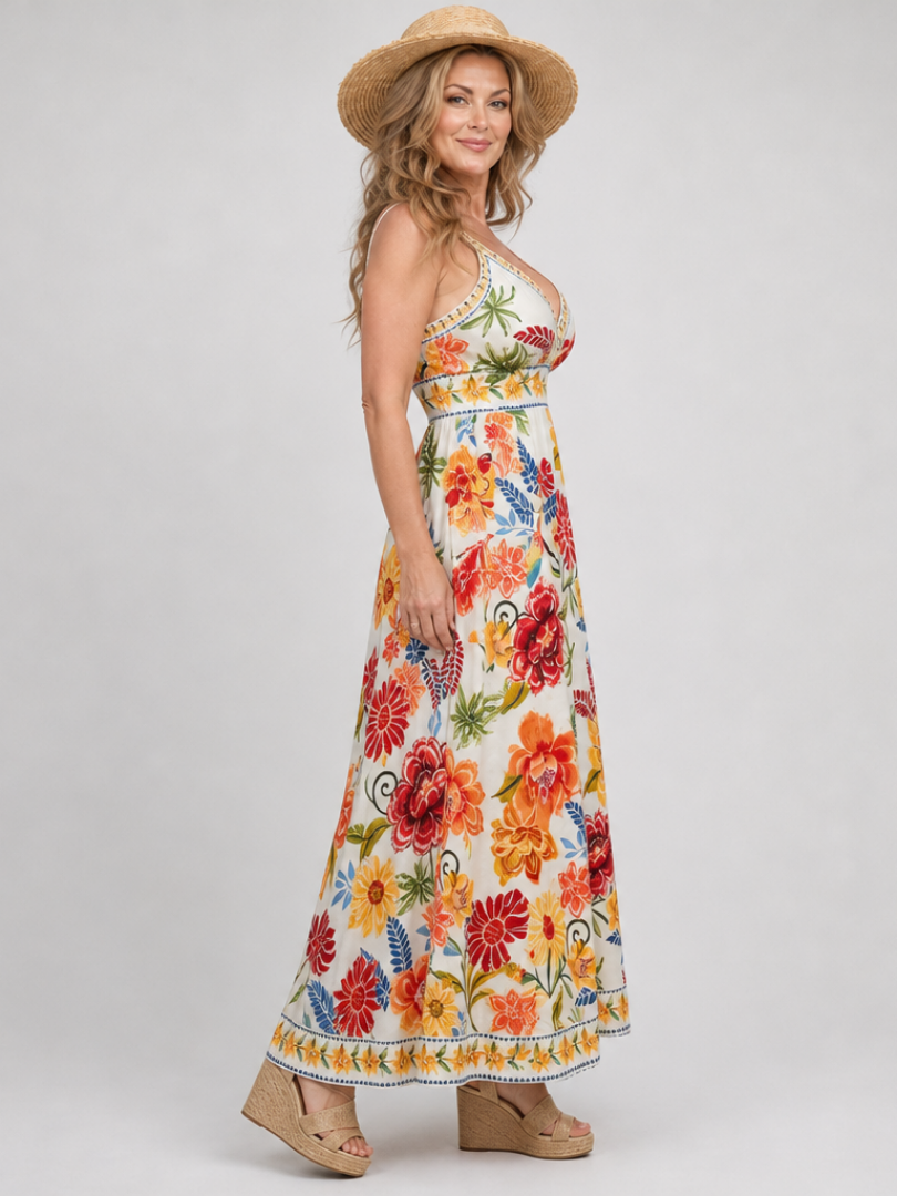 Multicolor Plunge V-Neck Floral Print Empire Waist A-Line Maxi Dress