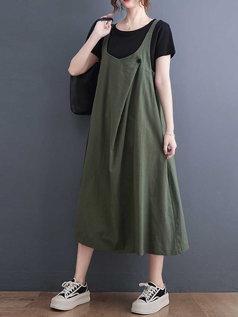 Wide Strap Cotton Loose A-Line Pinafore Midi Dress 8