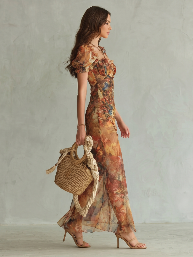 Sweetheart Neck Floral Puff Sleeve Ruched High Slit Midi Dress 2