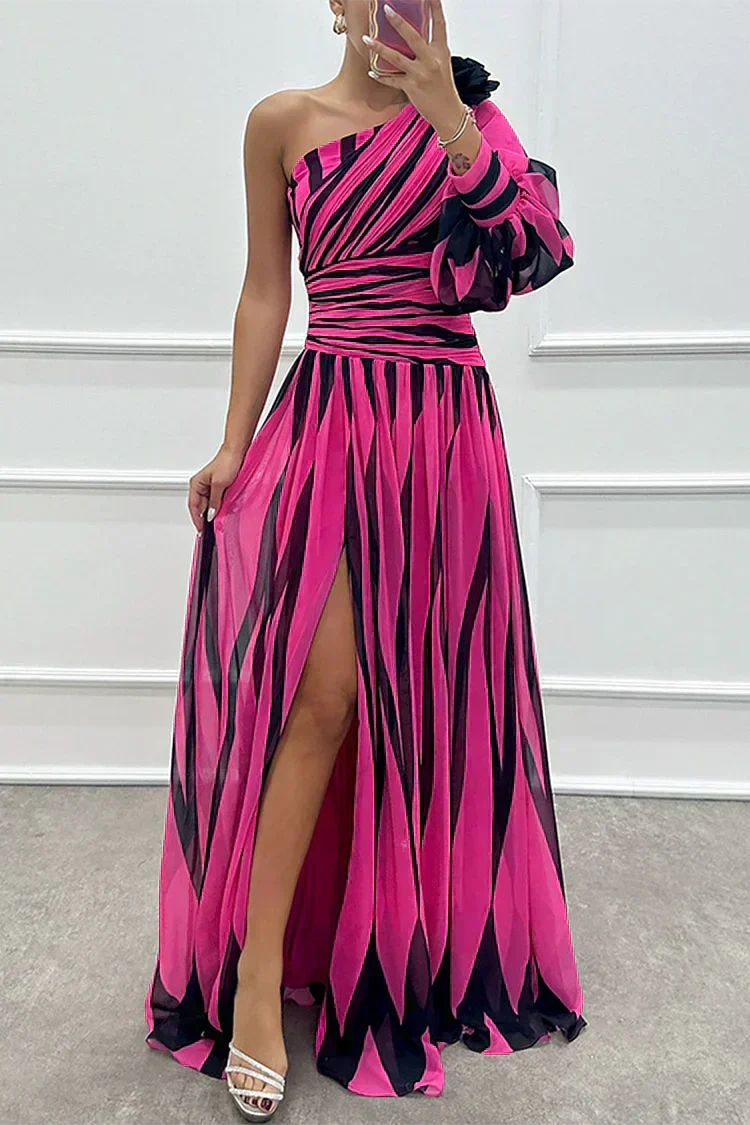 One Shoulder Striped One Sleeve Ruched High Slit Maxi Dress