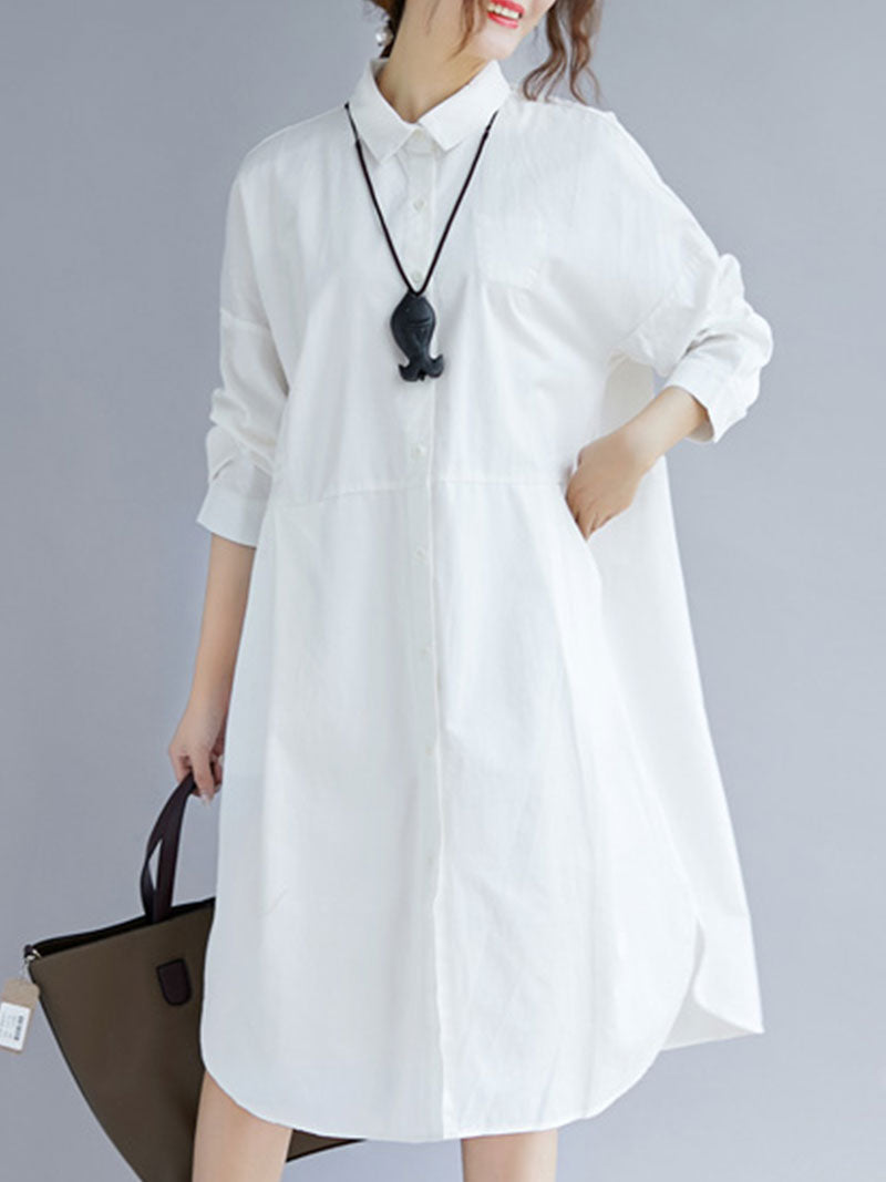 White Collared Button-Down Long Sleeve Loose Shirt Midi Dress