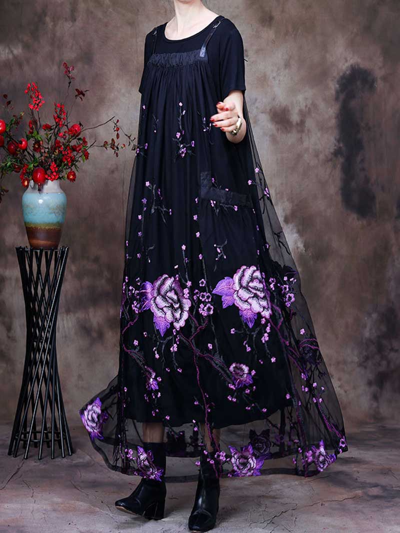 Adjustable Strap Rose Embroidered Mesh A-Line Pinafore Maxi Dress