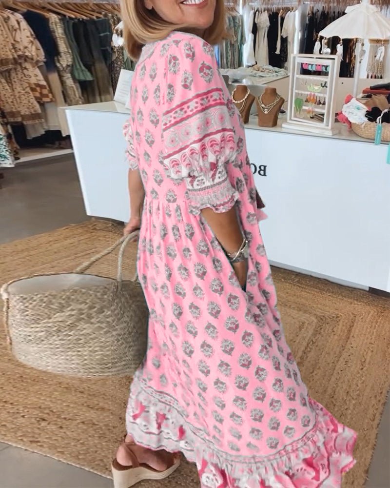 Split V-Neck Boho Border Print Ruffle Sleeve Tiered A-Line Midi Dress