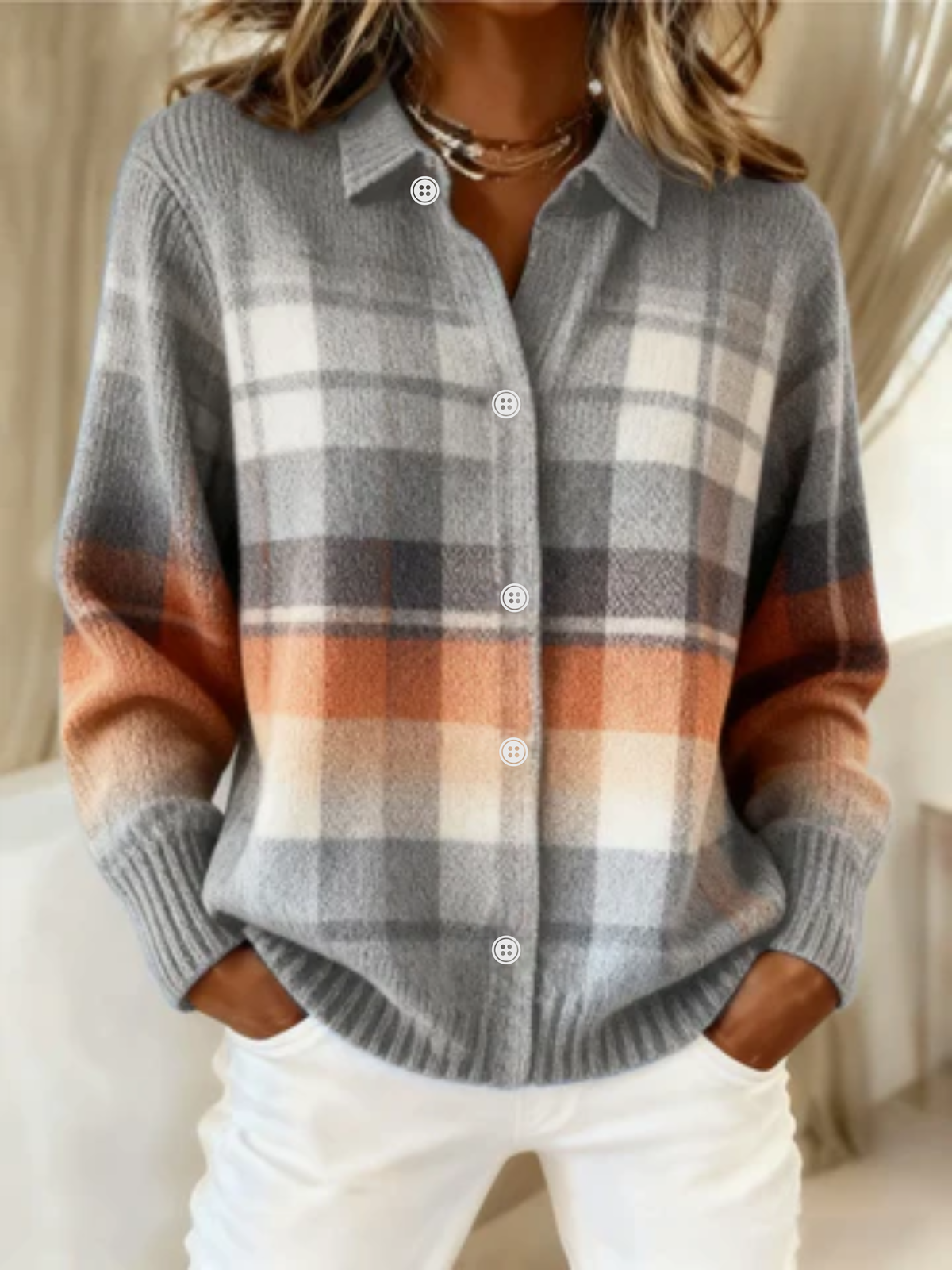 Multicolored Ribbed Collar Plaid Knit Button-Front Long Sleeve Shirt
