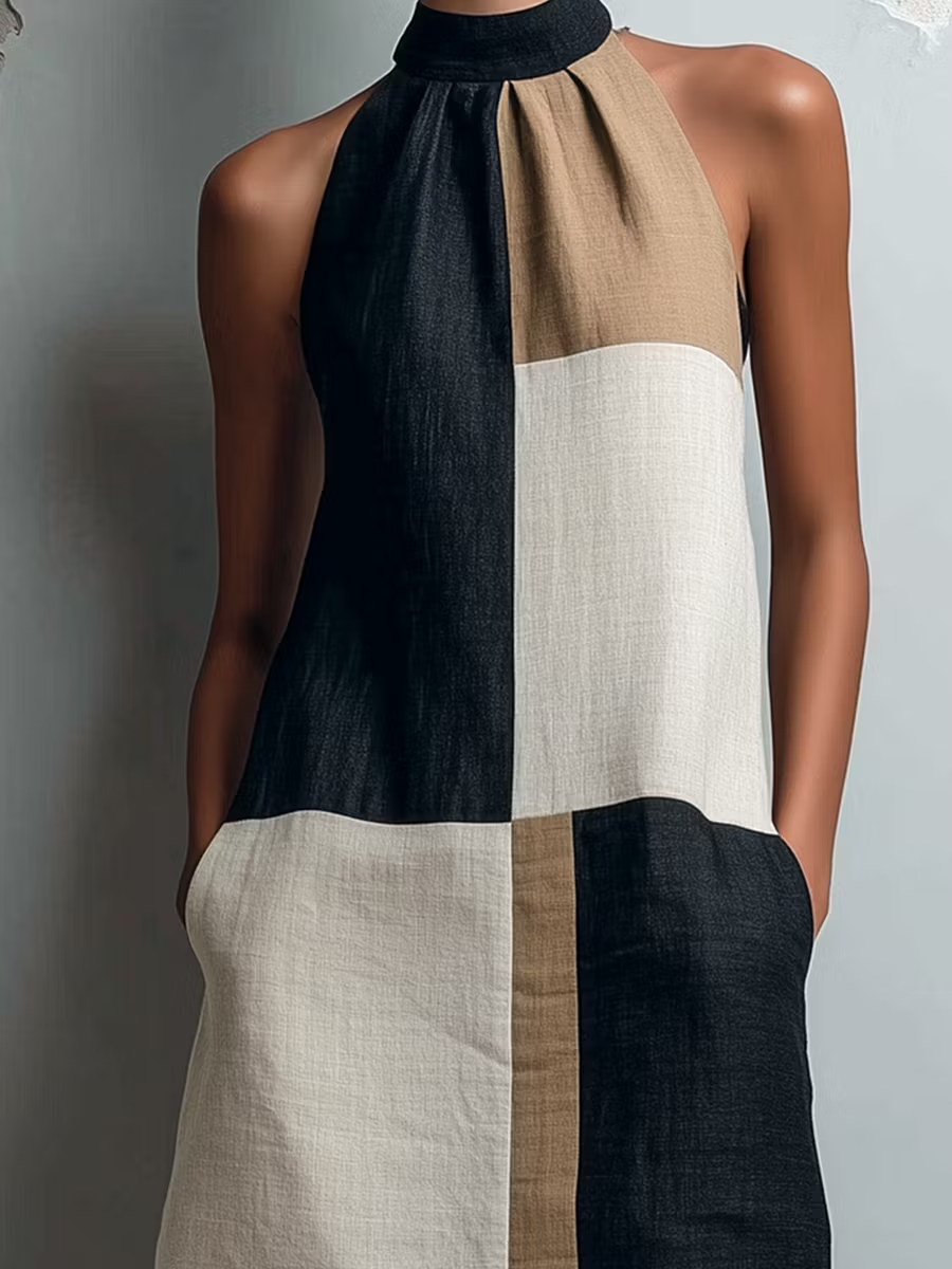 Halter Neck Colorblock Patchwork Sleeveless Shift Mini Dress 2