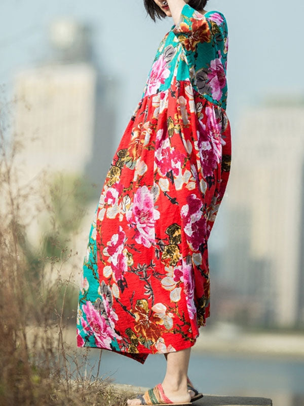 Round Neck Floral Print Half Sleeve Loose Maxi Dress 4