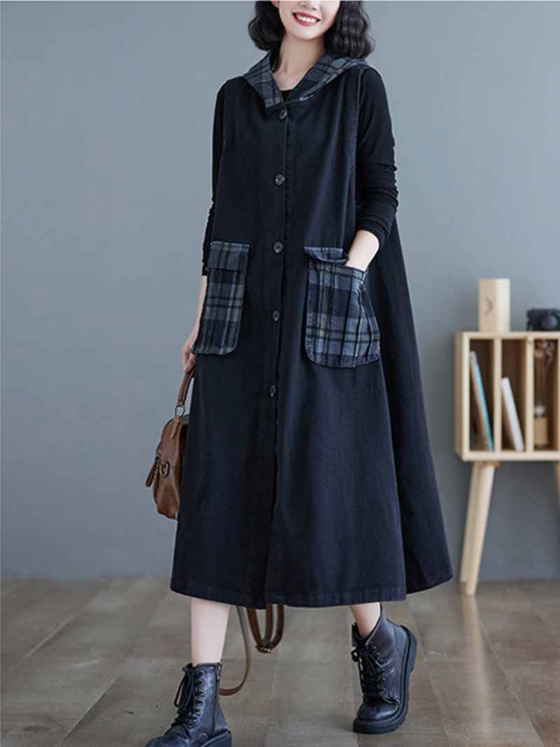 Black Hooded Sleeveless Button Front Plaid Pocket Denim A-Line Midi Dress