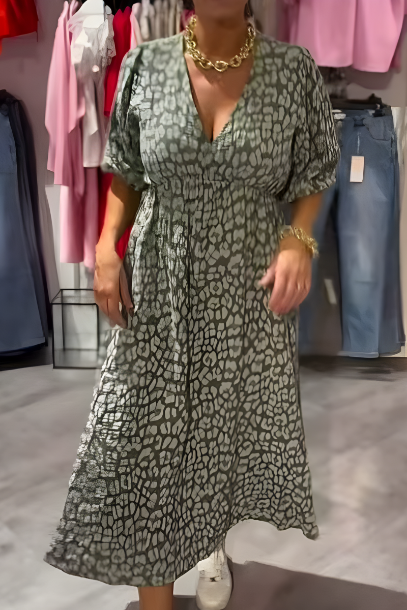 V-Neck Geometric Stripe Puff Sleeve Empire Waist Flowy Maxi Dress 3