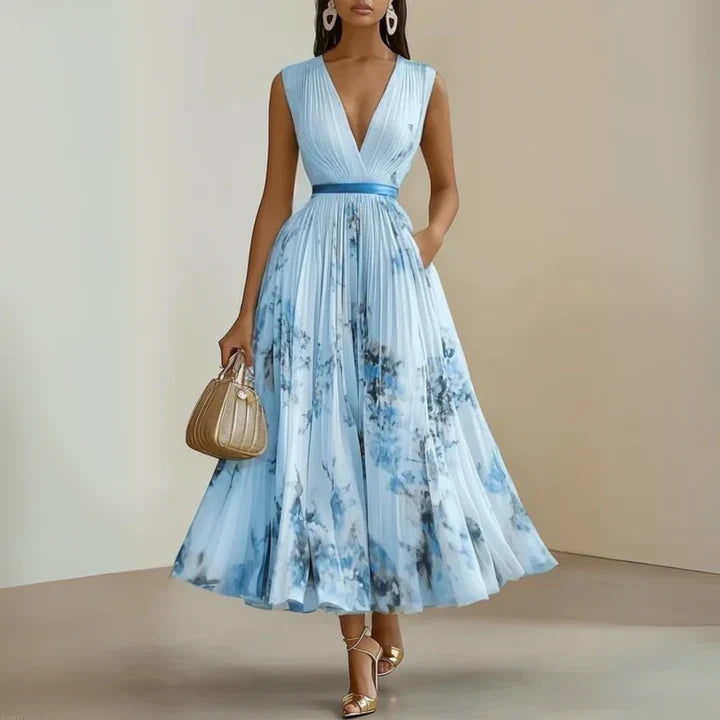 V-Neck Sleeveless Pleated Belted Watercolor Floral A-Line Midi Dress 3