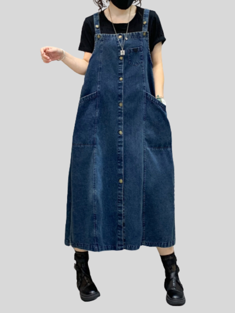Strap Button Front Pocket Denim Pinafore A-Line Midi Dress 3