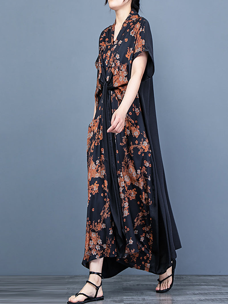 V-Neck Short Sleeve Floral Print Tie Front Loose Maxi Dress 5