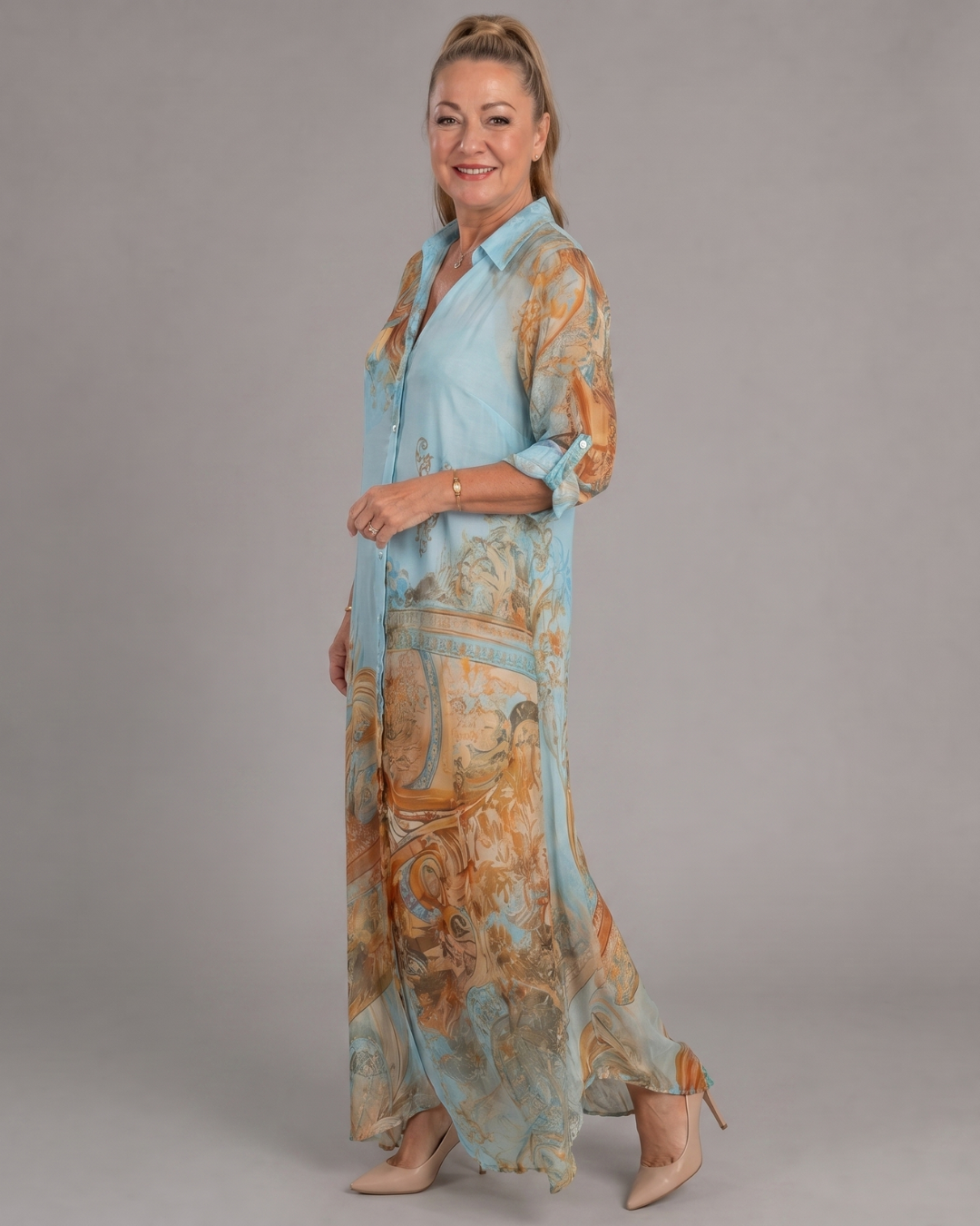 Multicolor Collared Button Front Baroque Print Roll-Tab Sleeve Shirt Maxi Dress 2